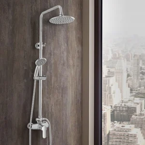 colonna doccia feridras 08 con soffione tondo diametro 21 cm in abs cromato con doccetta 5 funzioni